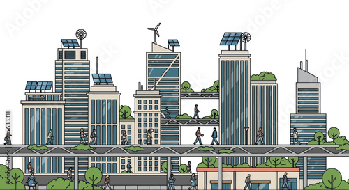 Futuristic eco-city skyline with solar panels, wind turbines, and green spaces.