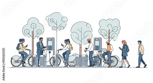 Urban Mobility: People using e-bikes and charging stations in a city park