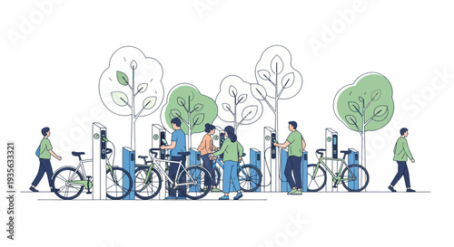 People using shared bikes in a park with trees and bike stations, urban lifestyle concept