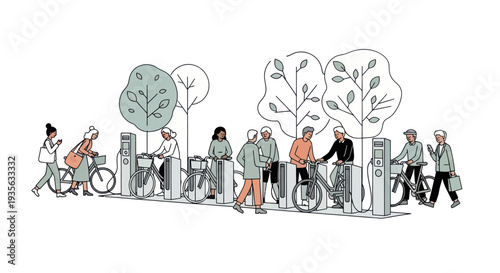 Diverse people using public bike share system in park, illustration