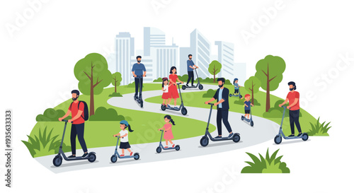 Diverse people riding electric scooters in a green city park with skyscrapers background