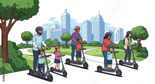 Diverse Families Enjoy Electric Scooters in a Sunny City Park