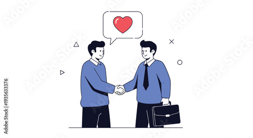 Two professional businessmen shake hands to agree on a deal with a red heart speech bubble showing mutual trust.