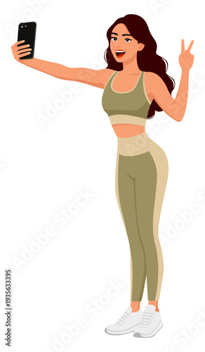 Fitness woman taking selfie smartphone vector