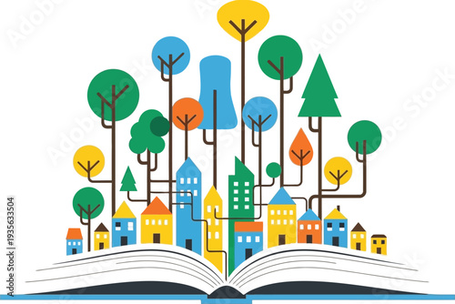 World Book Day creative vector illustration with an open book growing a colorful stylized city and forest, storytelling and imagination concept for education and literacy.
