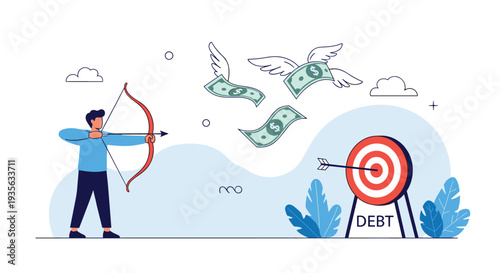 Skilled archer aims his bow and arrow at flying money while a target board labeled debt stands nearby.