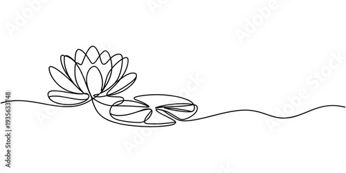 Water Lily Flowers and Bud on Pads continuous one line drawing, Elegant line art illustration of blooming lotus flowers and buds in a tranquil pond with lily pads, Elegant black and white line art pro