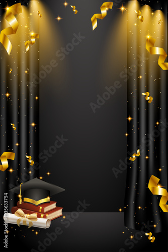 Elegant graduation background with an academic cap, books, and a diploma. Black curtains, golden ribbons, sparkling stars, and light rays create a solemn atmosphere.