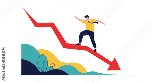 Businessman carefully walks down a large red arrow that is pointing downwards to show economic decline.