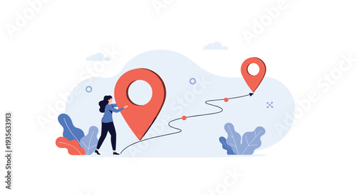 Determined woman moves a large red location pin along a path towards a destination to signify project planning and logistics.