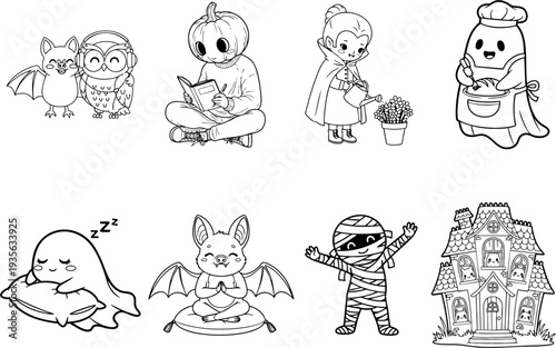 Adorable Halloween characters like bats owls pumpkin ghost mummy and Coloring Book page Bundle