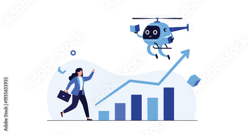 Modern drone helicopter delivers a package to a businesswoman near a rising growth chart representing efficient logistics.