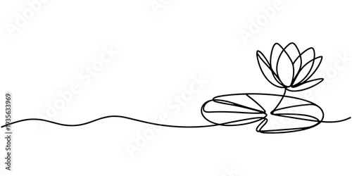 Water Lily Flowers and Bud on Pads continuous one line drawing, Elegant line art illustration of blooming lotus flowers and buds in a tranquil pond with lily pads, Elegant black and white line art pro