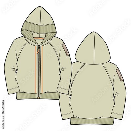 Baby kids raglan sleeve zip up hoodies flat drawing vector design mockup template.