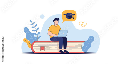 Student sitting on a giant book while using a laptop for online education and distance learning represented by a graduation cap.