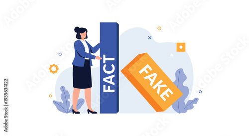 Businesswoman standing between a solid blue block labeled fact and a falling orange block labeled fake to verify information.