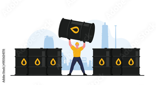 Strong industrial worker lifting a large black oil barrel above his head in front of stacks of barrels and a factory skyline.