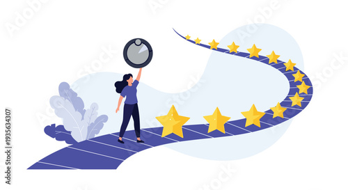 Determined woman walking on a winding path decorated with gold stars while holding a stopwatch to represent time management.