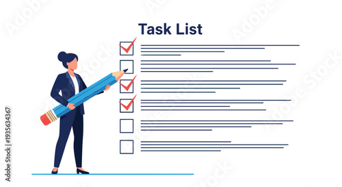 Organized businesswoman holding a giant pencil to mark completed items on a large task list or checklist for productivity.