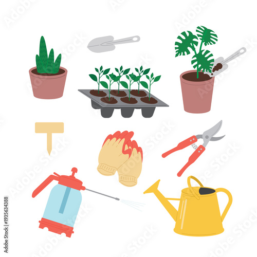 Gardening tools and equipment flat vector icon set