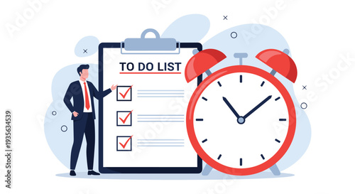 Professional man standing next to a large to-do list and a giant red alarm clock to manage his time and daily tasks.