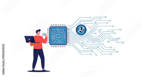 Tech specialist using a laptop to monitor artificial intelligence systems represented by a digital eye and a microchip.