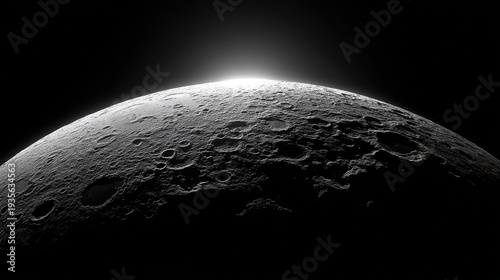 Lunar landscape macro close-up, crater and rough regolith texture, deep dark space, strong side light elongating shadows, sharp details, astrophotography, high contrast, clean