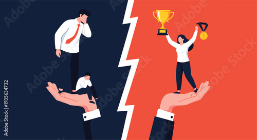 Illustration of inequality or competition showing a winning woman with a trophy and a losing man on different giant hands.