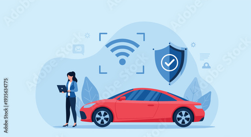 Businesswoman using laptop to manage connected car security and wireless diagnostic systems with protected network access.