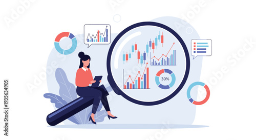 Business analyst sitting on magnifying glass while examining financial data and market trends displayed in colorful charts and graphs.