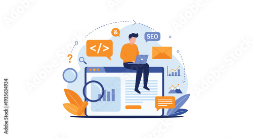 Digital marketing expert sitting on a web browser window managing SEO and website development with various online communication icons.