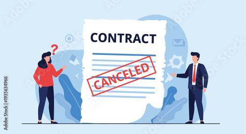 Business professionals discussing a cancelled contract document with a red stamp indicating a rejected deal or termination of agreement.