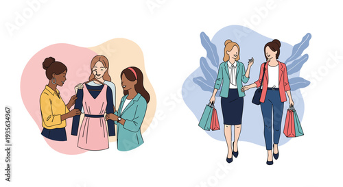 Group of diverse women enjoying a fun shopping trip together while choosing new clothes and carrying several colorful shopping bags.