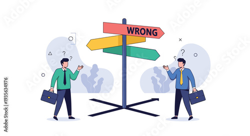 Two confused businessmen standing at a crossroads with a signpost pointing towards a wrong direction while deciding on a strategy.