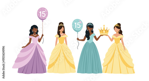 Group of four beautiful young women wearing elegant quinceanera ball gowns and holding birthday balloons and a golden crown.