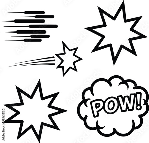 Set of black and white comic book style elements featuring speech bubbles explosive starbursts speed lines and a pow sound effect cloud for creative action design