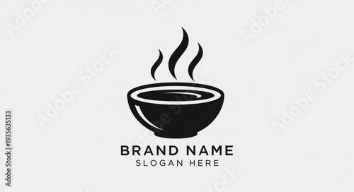Simple black and white logo design for a hot beverage brand with a bowl and steam.