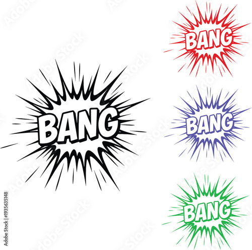 Comic style bang speech bubbles set in black red blue and green featuring explosive burst effects and bold lettering for creative comic book art action projects