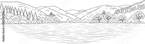 A serene line drawing depicts rolling hills, lush trees, and a calm body of water