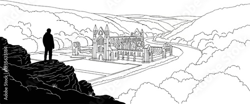 A solitary figure surveys ancient ruins nestled in a scenic, rolling valley