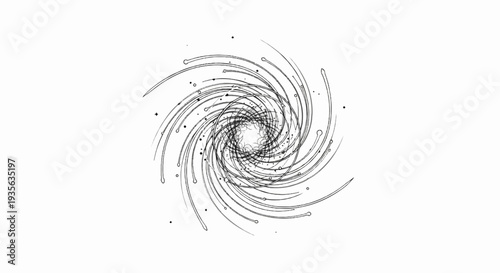Abstract monochrome spiral with radiating lines, dots, and circles