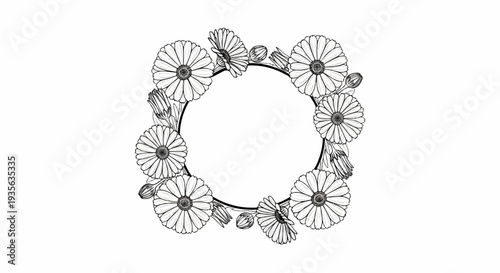 Delicate hand-drawn floral wreath with blooming daisies and buds