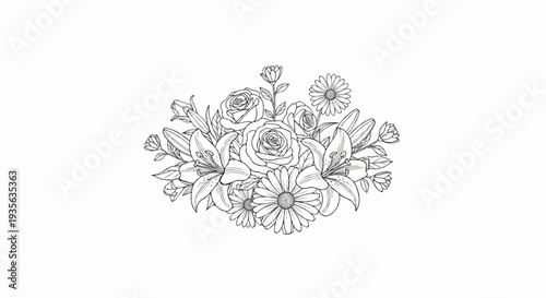 Delicate line drawing of a floral arrangement featuring roses, lilies, and daisies