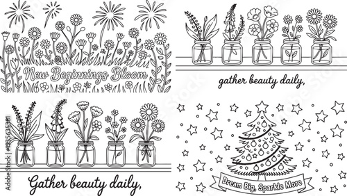 Black and white line of flowers in jars Christmas tree and fireworks Coloring Book page Bundle
