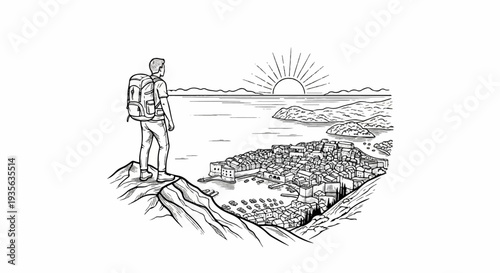 Hiker observes a coastal city at sunrise from a mountaintop