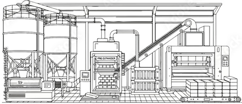 Industrial facility with silos, conveyors, and processing machinery
