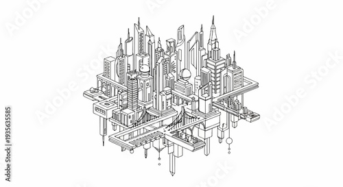 Intricate, detailed isometric line drawing of a futuristic, complex city