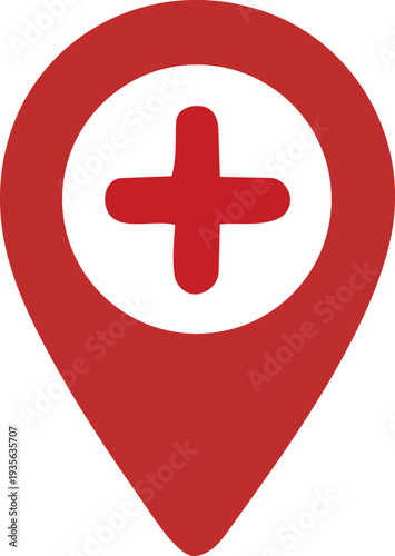 Red map pin location icon featuring a white medical cross symbol for hospital healthcare clinic and pharmacy finding applications in navigation and emergency medical services graphic design