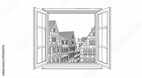 Open window frames view of old European buildings with timbered facades