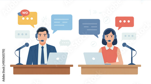 Businessman and businesswoman in headsets with microphones and laptops discussing online